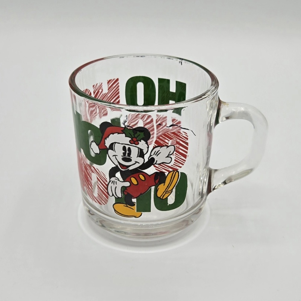 Vtg DISNEY Mickey Mouse Santa Christmas Glass Mug Clear Anchor Hocking Ho Ho‎ Ho